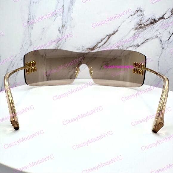New MIU MIU Aube Sunglasses Gold Light Brown Mirror Bronze Rimless Wrap Womens